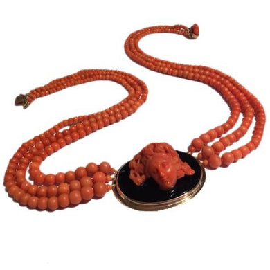 Carved Natural Momo Coral and Onyx Cameo Necklace