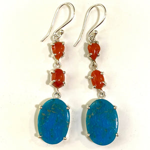 Sterling Silver Coral and Turquoise Dangle Drop Earrings