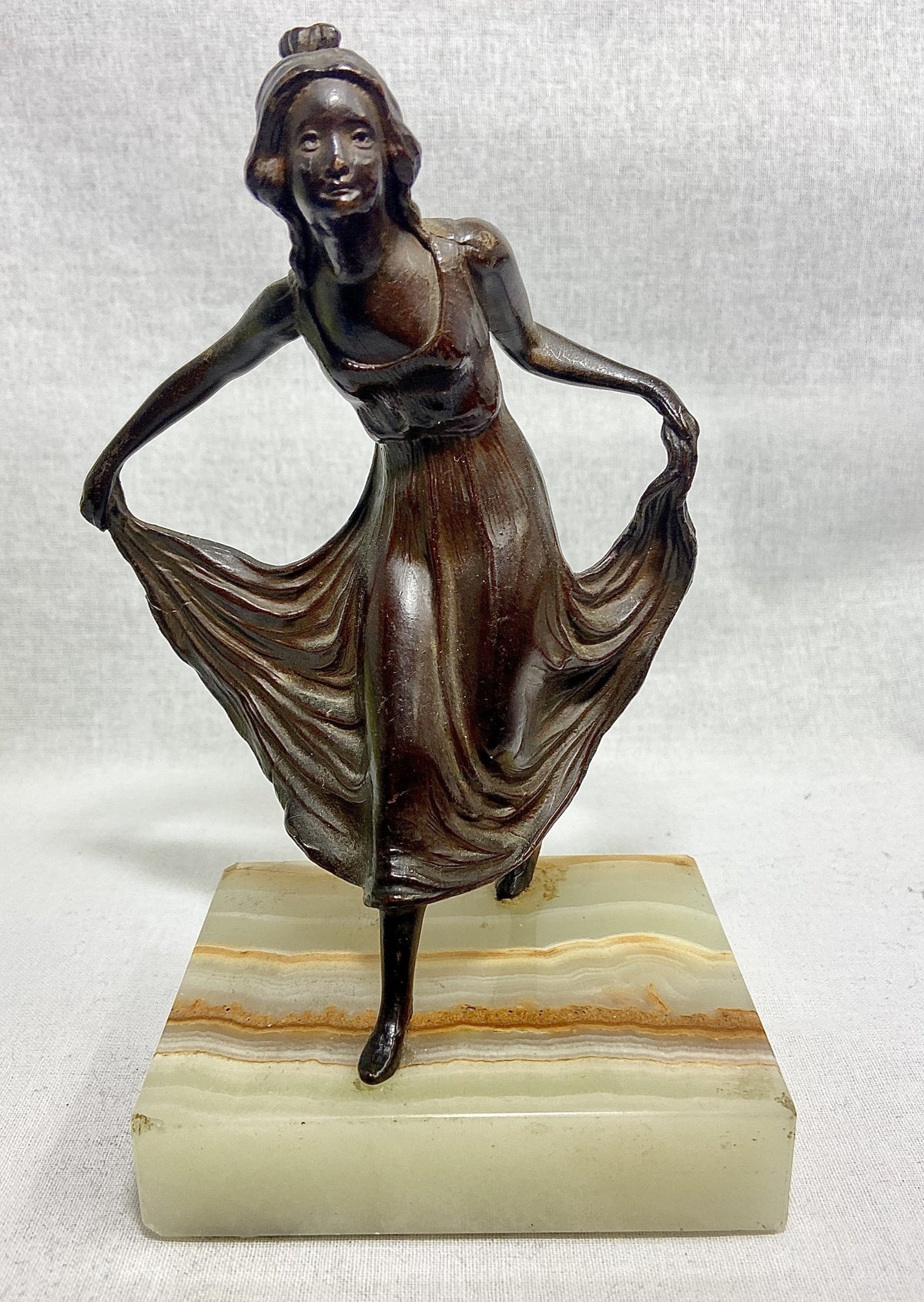 Antique Twin Bronze Curtseying Girl Statues