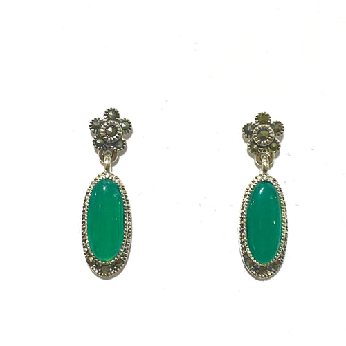 Marcasite Oval Cut Cabochon Green Onyx Earrings