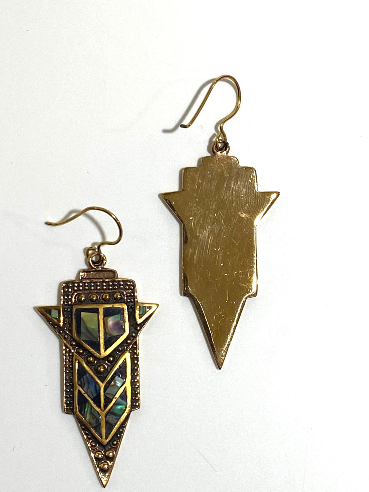 Art Deco Inlaid Paua Shell Brass Hook Drop Earrings