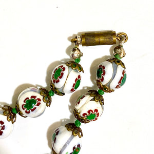 White and Green Enamel Cloisonné Beaded Necklace