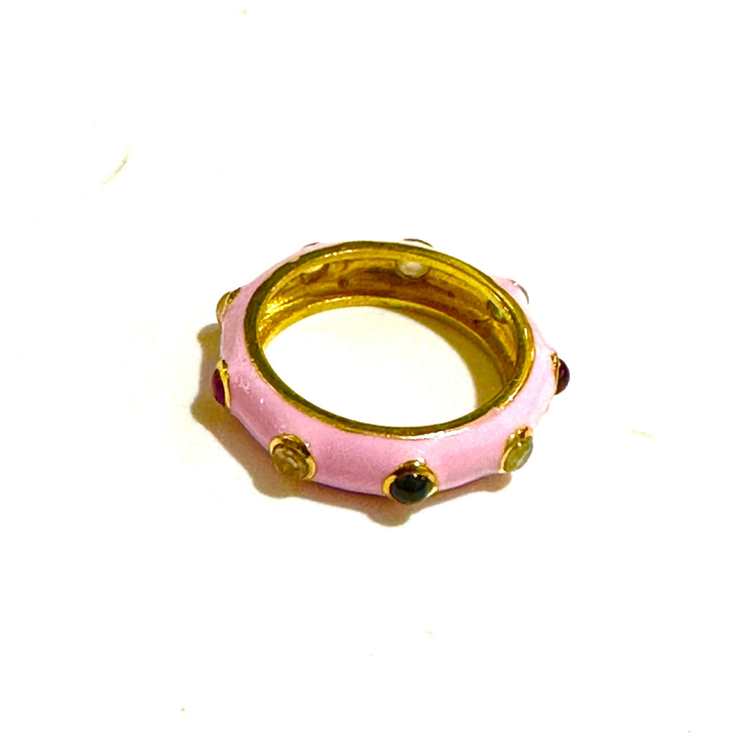 Gemstone Set Pink Enamel Sterling Silver Ring