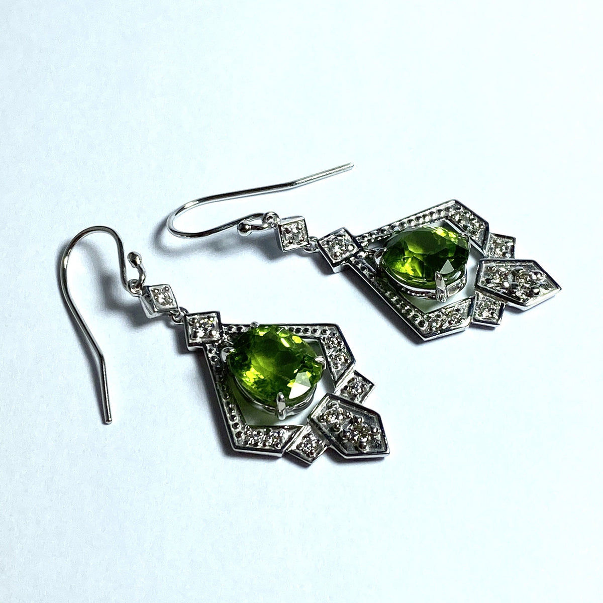 9ct White Gold Peridot and Diamond Drop Earrings