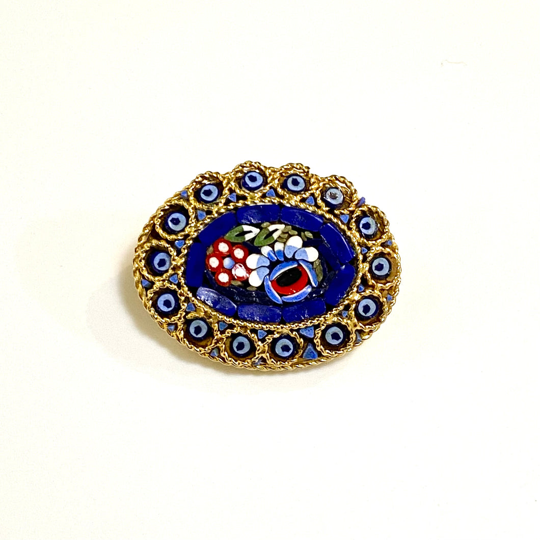 Handcrafted Blue Floral Micro Mosaic Brooch