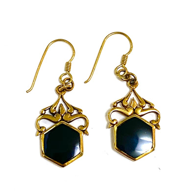 Black Onyx Brass Hexagon Dangle Earrings
