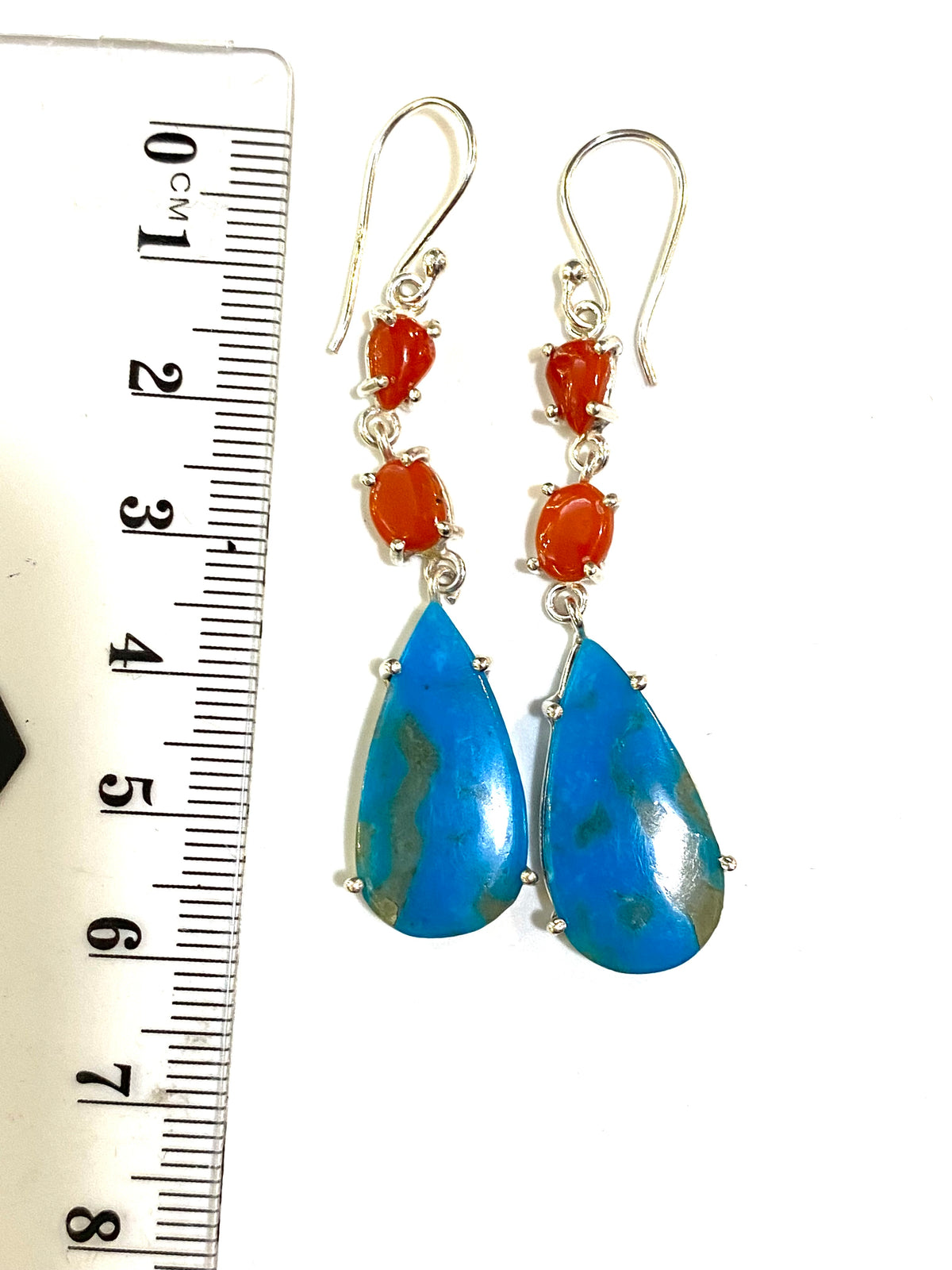 Sterling Silver Pear Shaped Turquoise and Coral Dangles