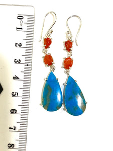 Sterling Silver Pear Shaped Turquoise and Coral Dangles