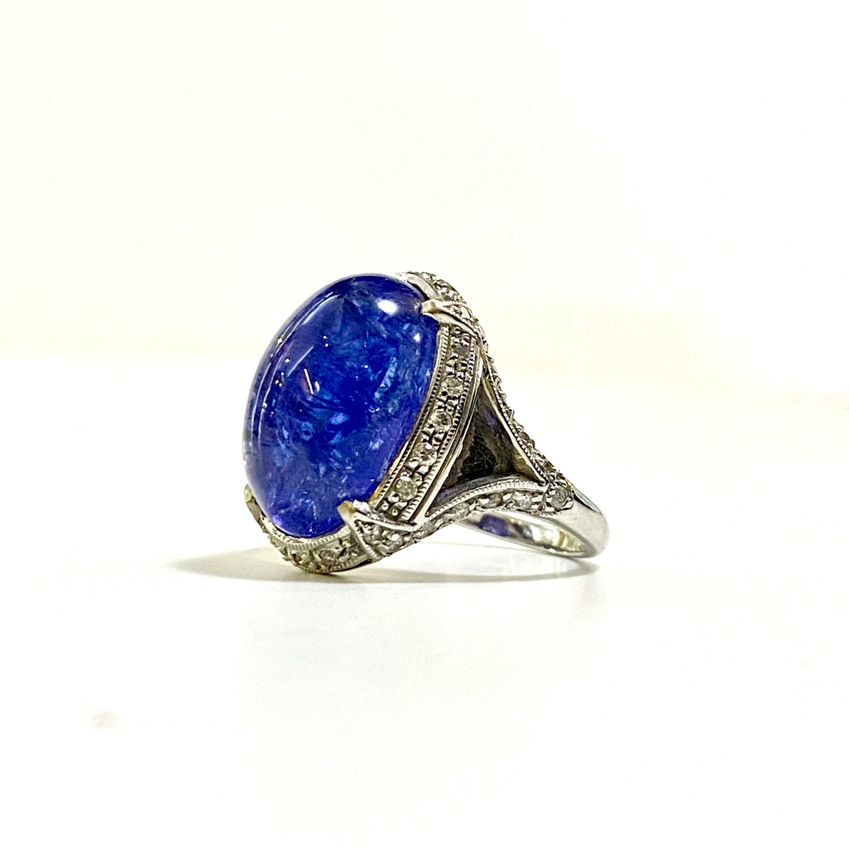 Oval Cabochon Tanzanite and Diamond Ring