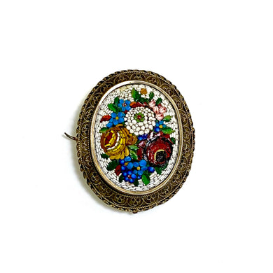 Antique 9ct Gold Italian Floral Micro Mosaic Hair Brooch