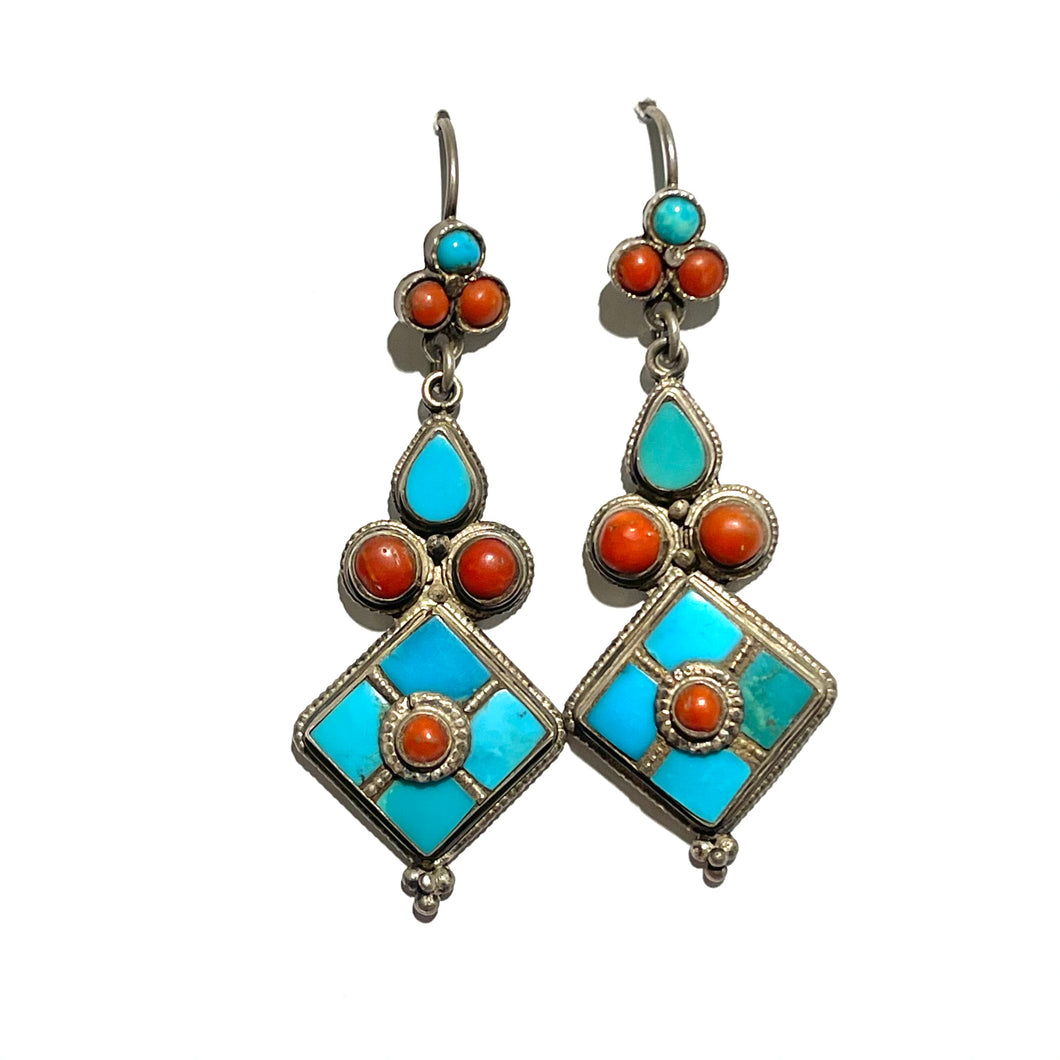 Vintage Sterling Silver Turquoise and Coral Drop Earrings