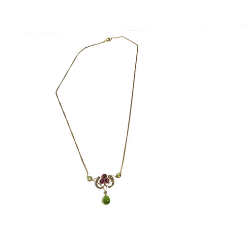 9ct Yellow Gold Suffragette Necklace with Seed Pearl, Garnet and Peridot Pendant