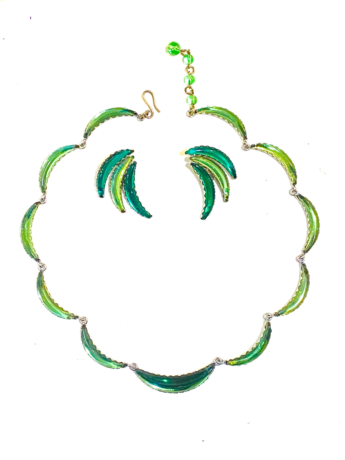 Rare Vintage Green Ark Shaped Czech Necklace