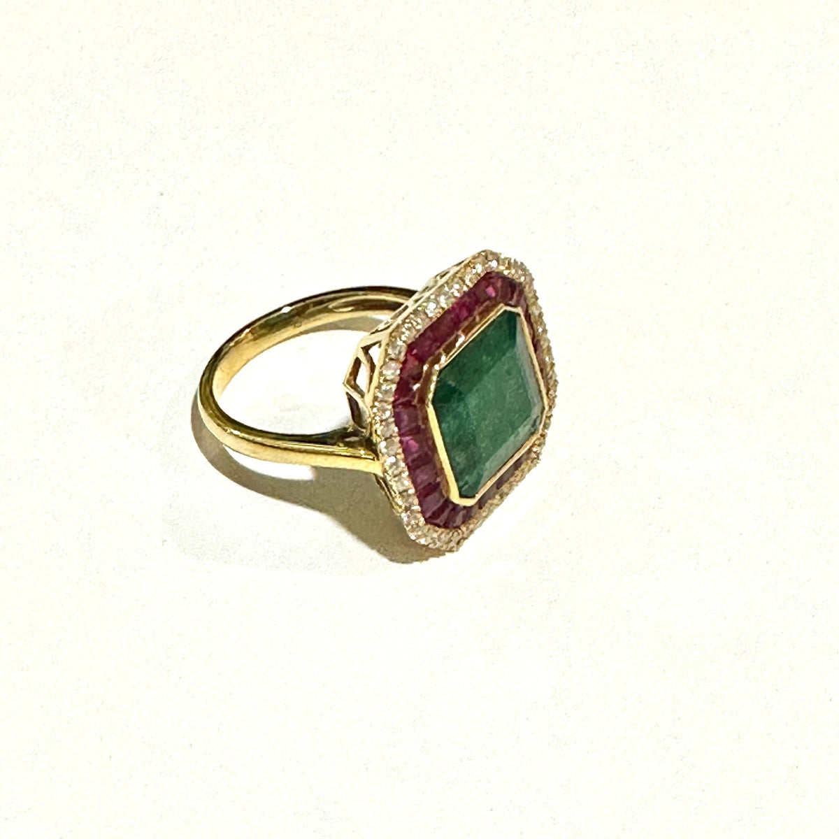 18ct Yellow Gold Diamond Ruby and Emerald Ring