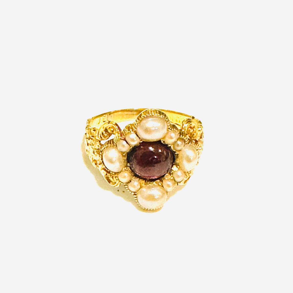 18ct Gold Georgian Garnet and Pearl Repoussé Ring