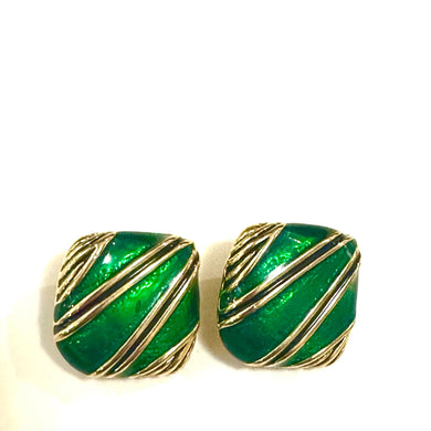 Vintage Green Enamel Clip On Earrings