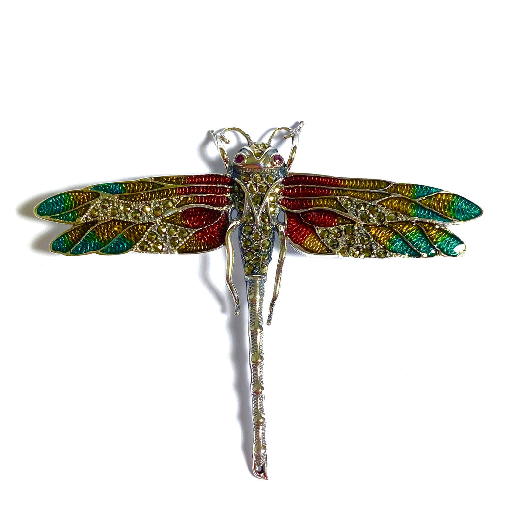 Enamel, Marcasite and Ruby Dragonfly Brooch