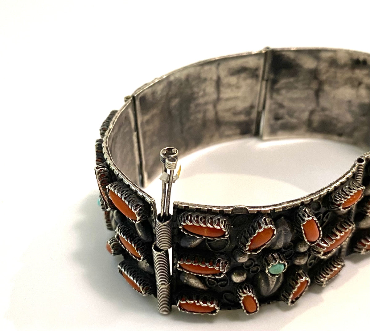 Zuni Sterling Silver Coral Hinged Bracelet