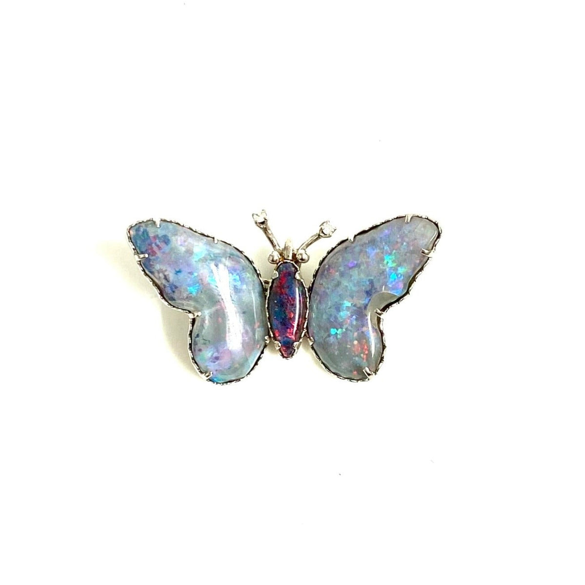 14ct White Gold Diamond Black Opal Brooch
