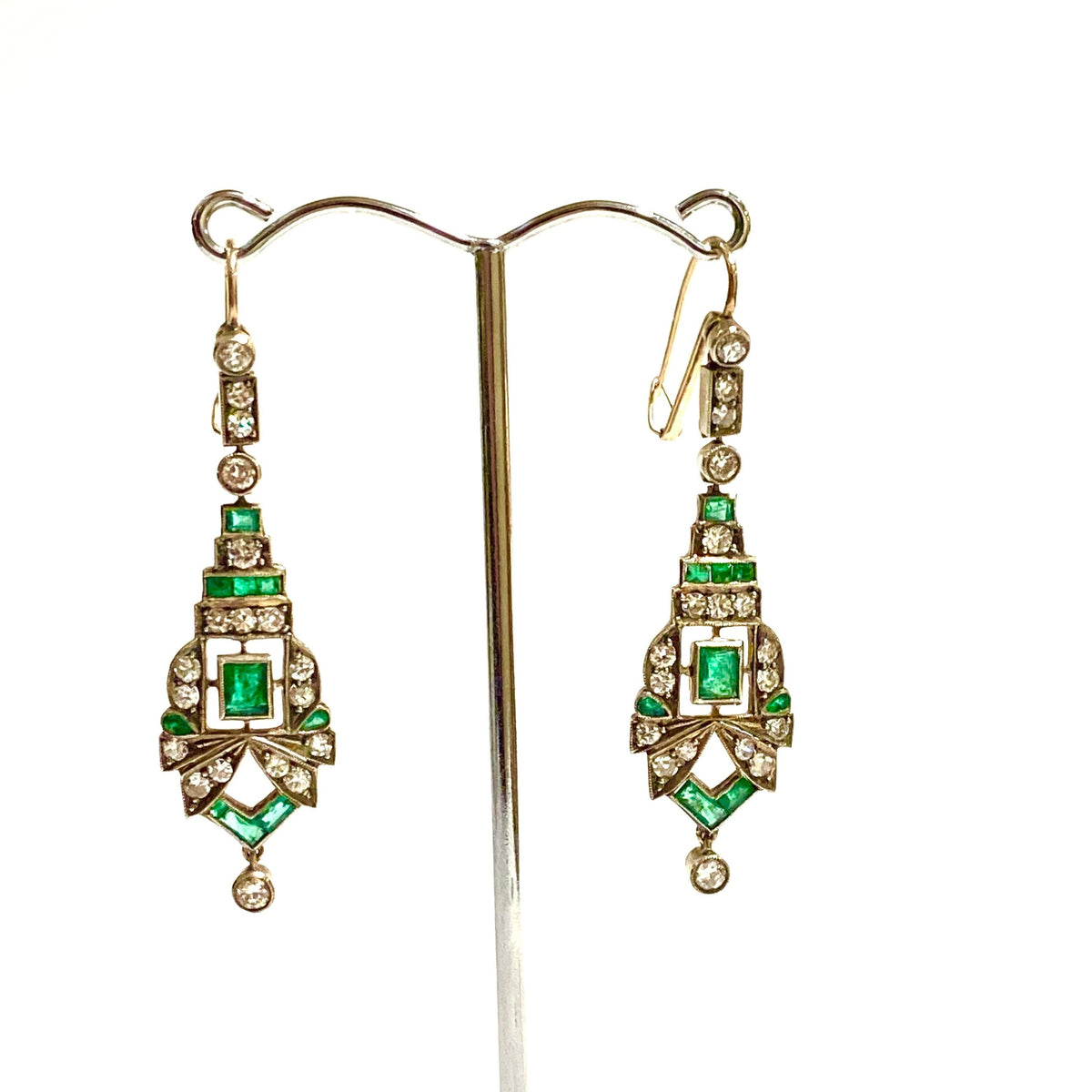 Antique Art Deco Emerald and Diamond Earrings