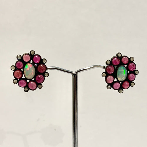 Sterling Silver Opal, Garnet and Diamond Stud Earrings