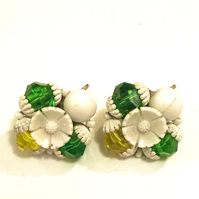 Retro Green and White Floral Cluster Clip On Earrings