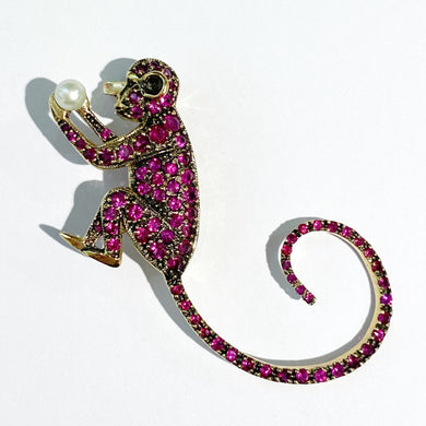 Vintage 9ct Yellow Gold Ruby and Pearl Monkey Brooch