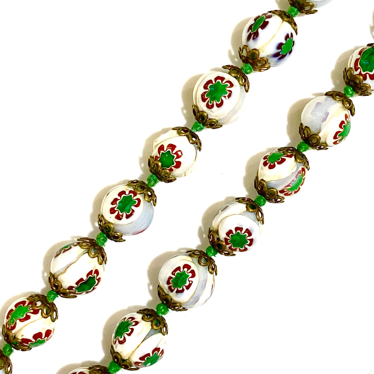 White and Green Enamel Cloisonné Beaded Necklace