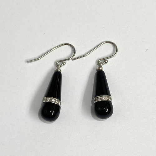 9ct White Gold Black Onyx and Diamond Drop Earrings