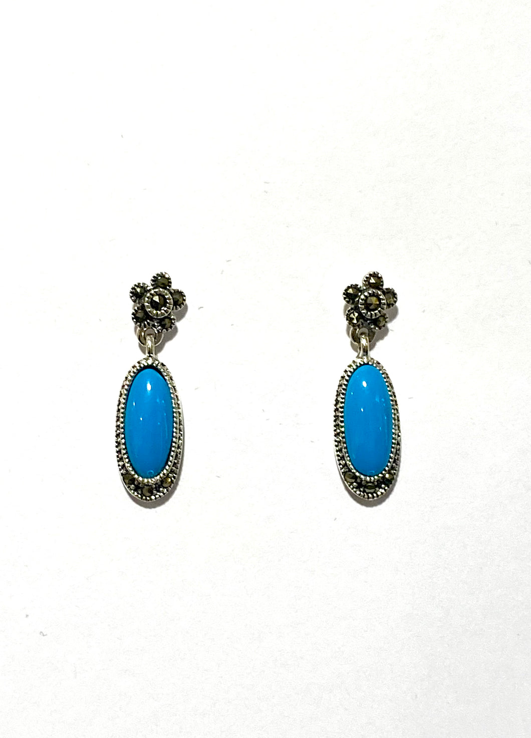 Sterling Silver Marcasite Oval Cut Cabochon Turquoise Stud Drop Earrings