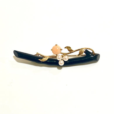 Black and Pink Coral and Pearl Brooch