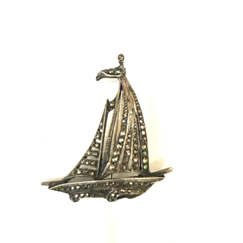 Vintage Sterling silver Marcasite Yacht Brooch