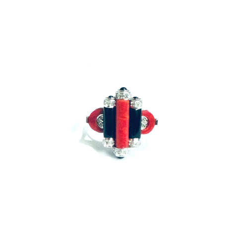 9ct White Gold Black Onyx, Coral and Diamond Ring