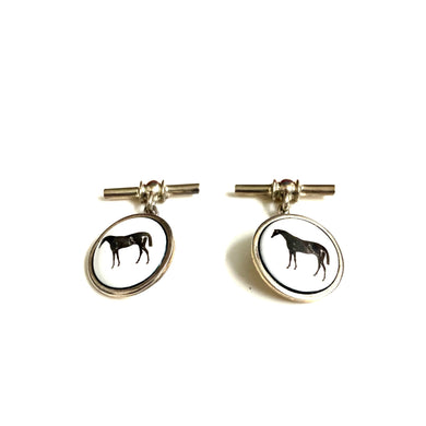 Sterling Silver and Enamel Round Horse Cufflinks