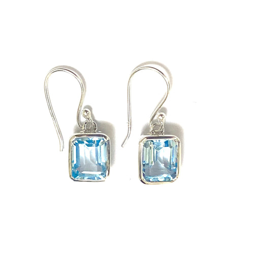 Blue Rectangular Cushion Topaz Silver Dangle Earrings