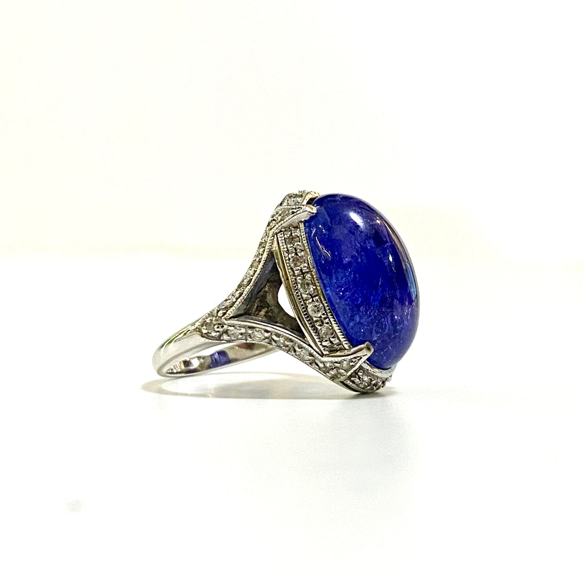 Oval Cabochon Tanzanite and Diamond Ring