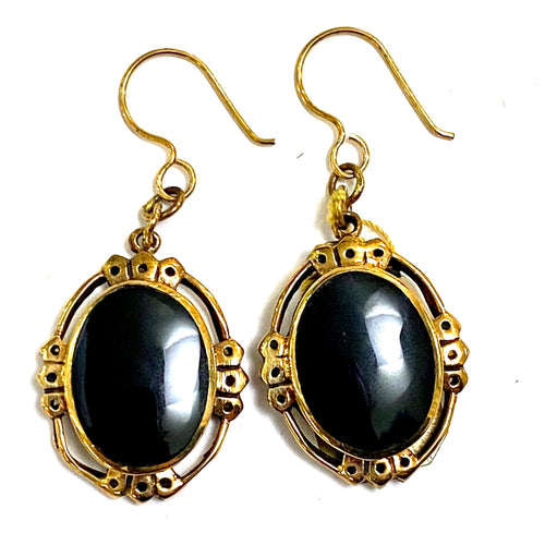 Oval Black Onyx Brass Dangle Earrings