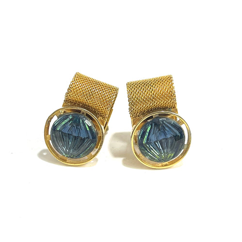 Vintage Gold Plate Mesh Blue Harlequin Crystal Cufflinks