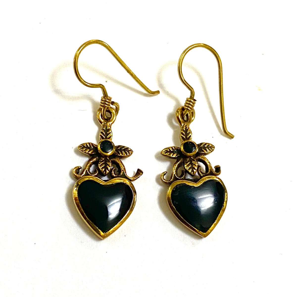 Brass Black Onyx Heart Dangle Earrings