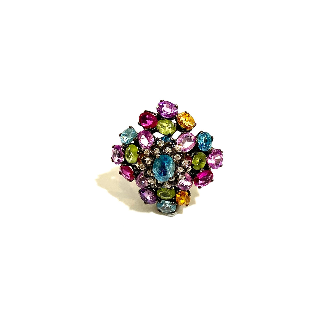 Rhodium Plated Assorted Gemstone Cocktail Ring