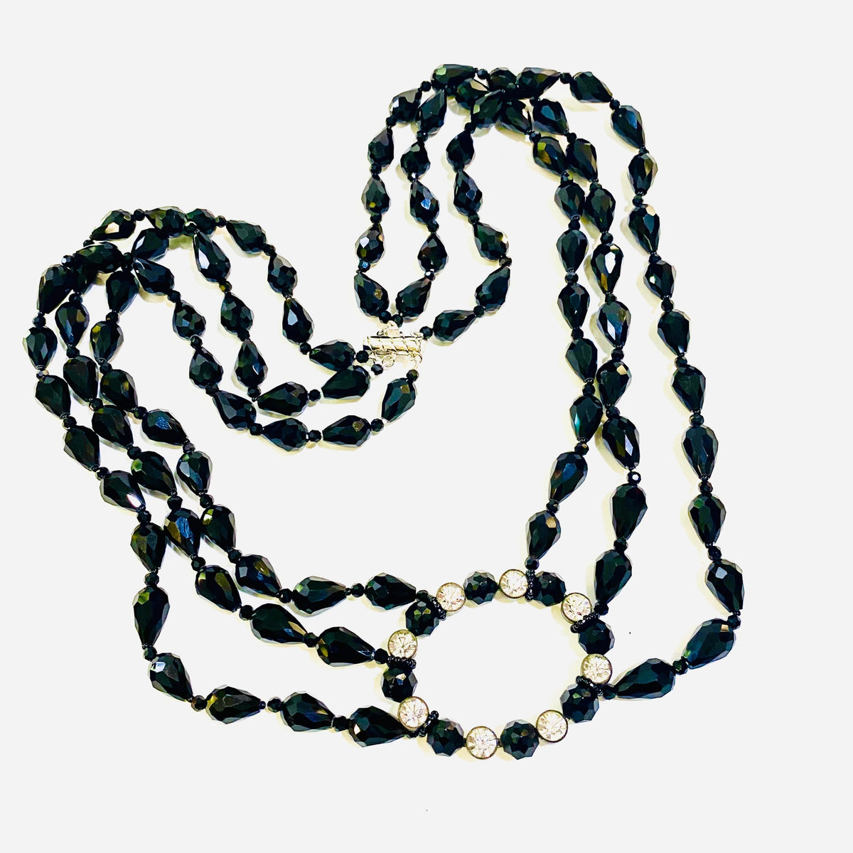 Three Strand Black Faceted Crystal Necklace with Knots