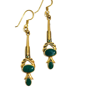 Green Enamel Brass Art Nouveau Style Hook Drop Earrings
