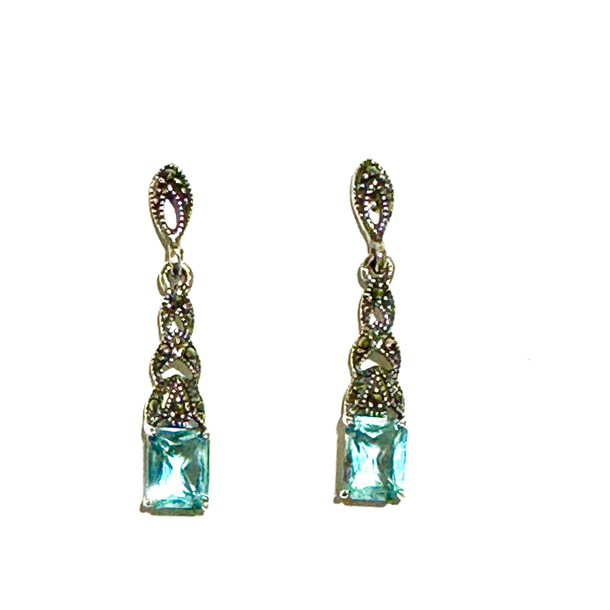 Sterling Silver Blue Topaz Marcasite Stud Drop Earrings