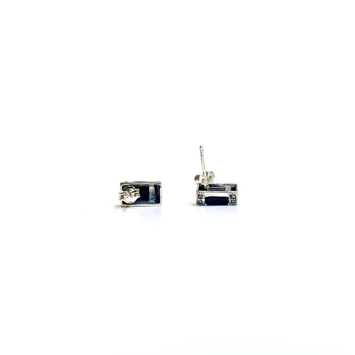 Sterling Silver Black Onyx and Marcasite Stud Earrings