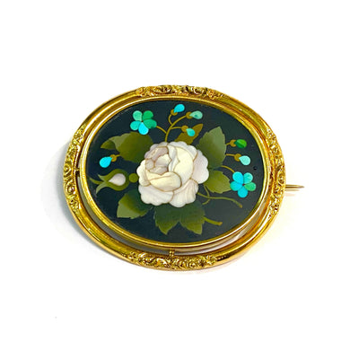 Antique Jade, Turquoise, Mother of Pearl and Onyx Pietra Dura Brooch
