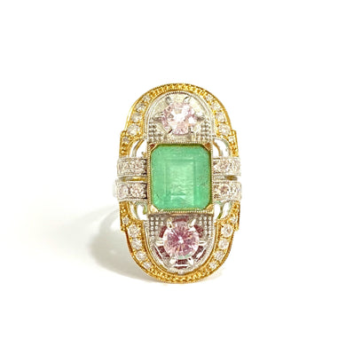 Emerald, Pale Pink Sapphire and Diamond Ring