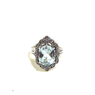 Blue Topaz, Marcasite and Sterling Silver Ring
