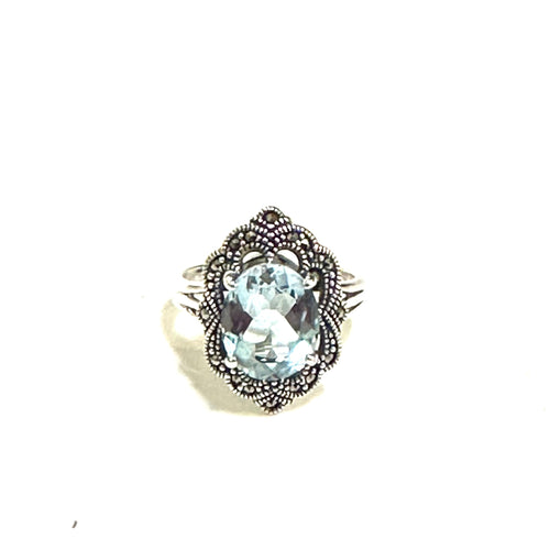 Blue Topaz, Marcasite and Sterling Silver Ring