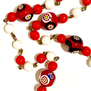 Red and White Italian Glass Beaded Necklace