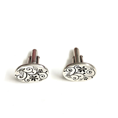 Floral Engraved Oval Sterling Silver Cufflinks